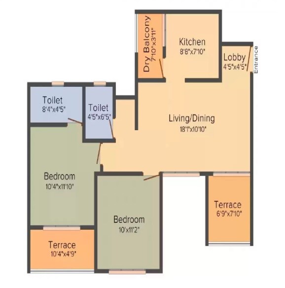 Floor plan of 2 BHK 584 Sq. Ft. Apartment in Ravinanda Trinity, Pune