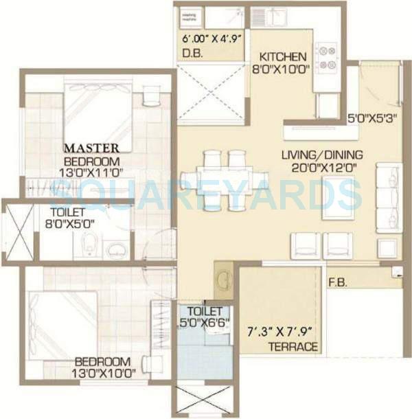 Floor plan of 2 BHK 1114 Sq. Ft. Apartment in Raviraj Ariiana, Pune