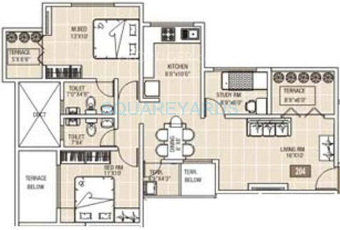 Floor plan of 2 BHK 1070 Sq. Ft. Apartment in Raviraj Astria, Pune