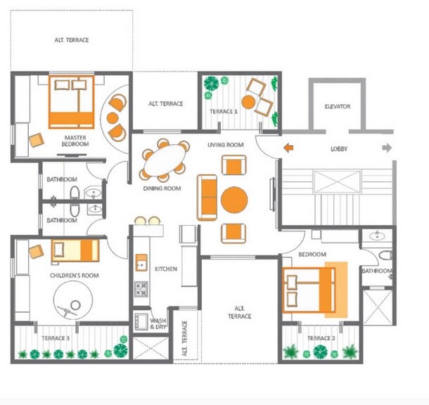 Floor plan of 3 BHK 1630 Sq. Ft. Apartment in Raviraj Aureate, Pune