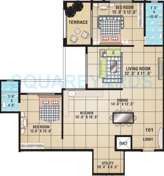 Floor plan of 2 BHK 1150 Sq. Ft. Apartment in Raviraj Fortaleza, Pune