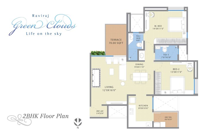 Floor plan of 2 BHK 1248 Sq. Ft. Apartment in Raviraj Green Clouds, Pune