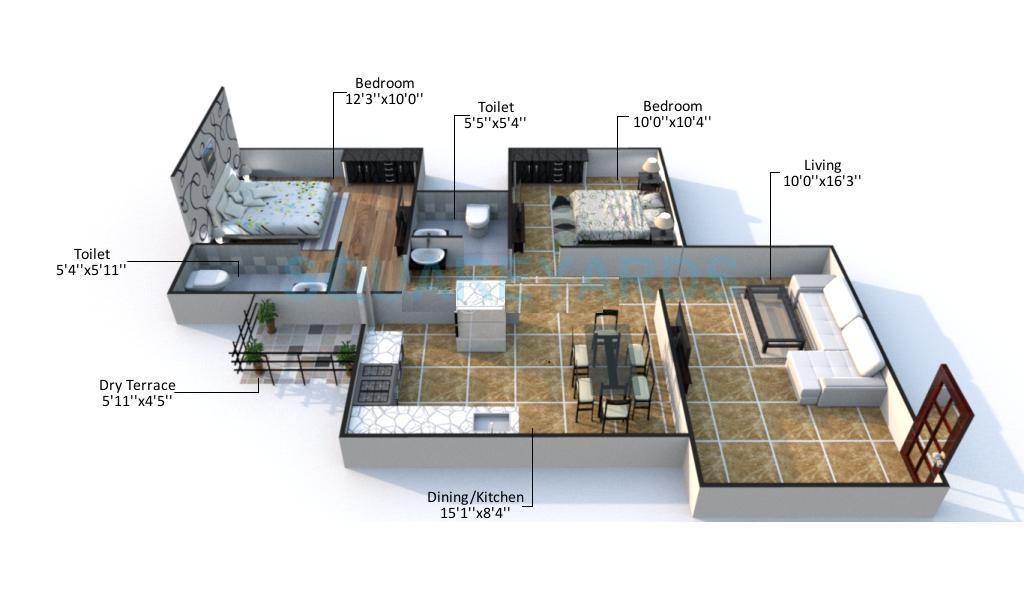 Floor plan of 2 BHK 1023 Sq. Ft. Apartment in Raviraj Greenaria, Pune