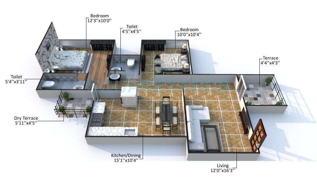 Floor plan of 2 BHK 1050 Sq. Ft. Apartment in Raviraj Greenaria, Pune
