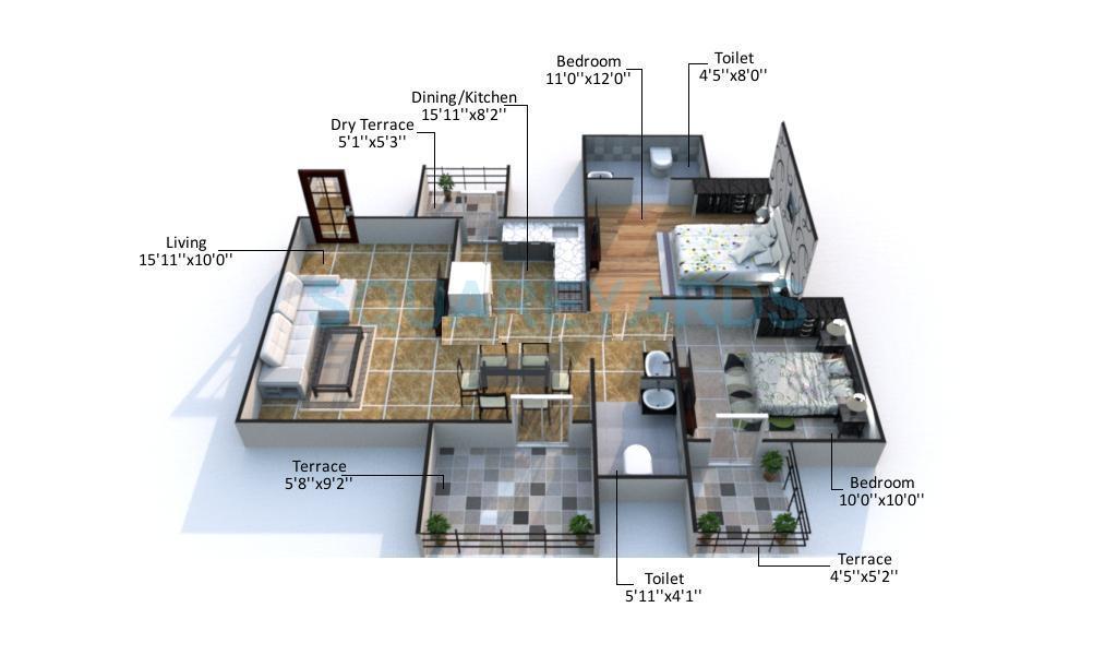 Floor plan of 2 BHK 938 Sq. Ft. Apartment in Raviraj Greenaria, Pune