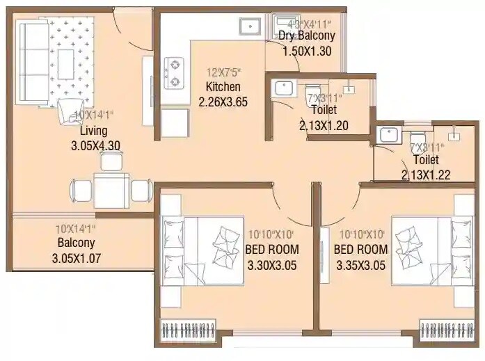Floor plan of 2 BHK 626 Sq. Ft. Apartment in Raviraj One Residency, Pune