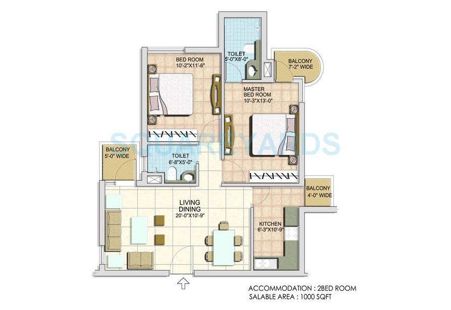 Floor plan of 2 BHK 1000 Sq. Ft. Apartment in Raviraj Opela, Pune