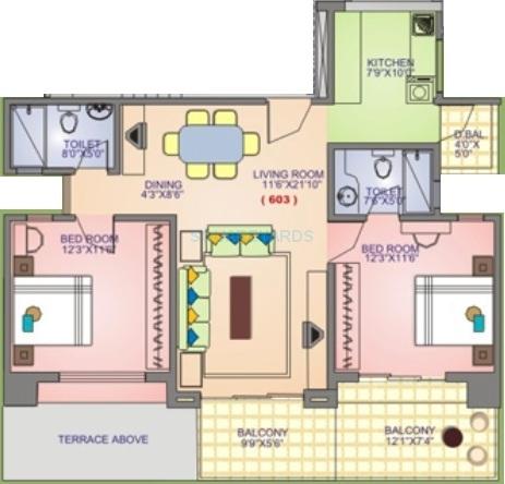 Floor plan of 2 BHK 1108 Sq. Ft. Apartment in Raviraj Park Island, Pune