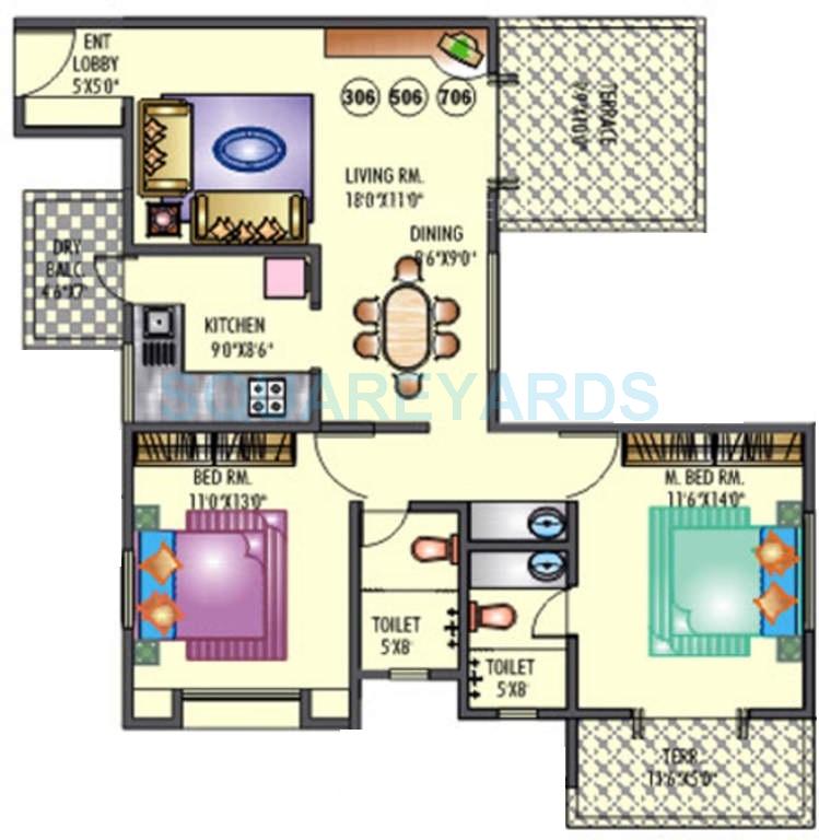 Floor plan of 2 BHK 1158 Sq. Ft. Apartment in Raviraj Siciliaa, Pune