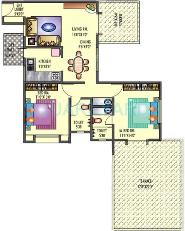 Floor plan of 2 BHK 1358 Sq. Ft. Apartment in Raviraj Siciliaa, Pune