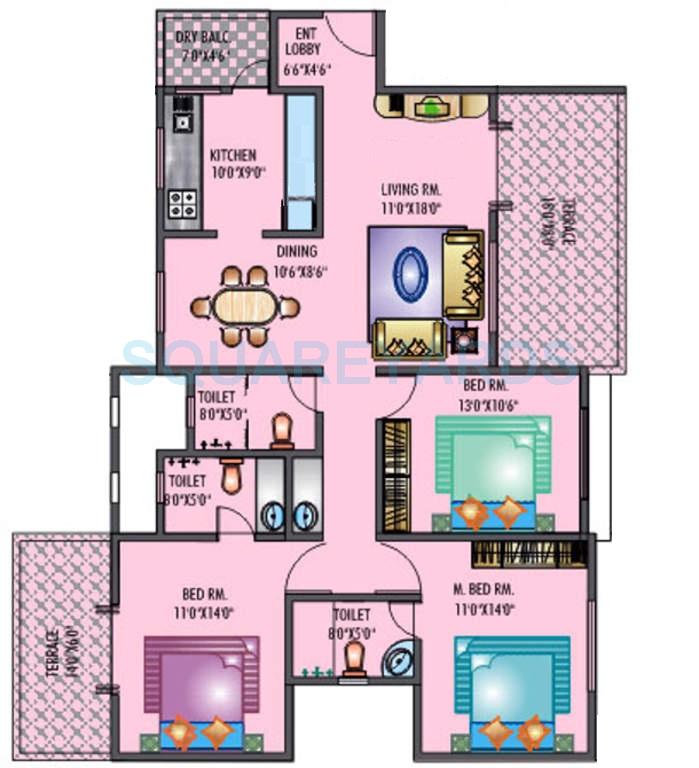 Floor plan of 3 BHK 1500 Sq. Ft. Apartment in Raviraj Siciliaa, Pune