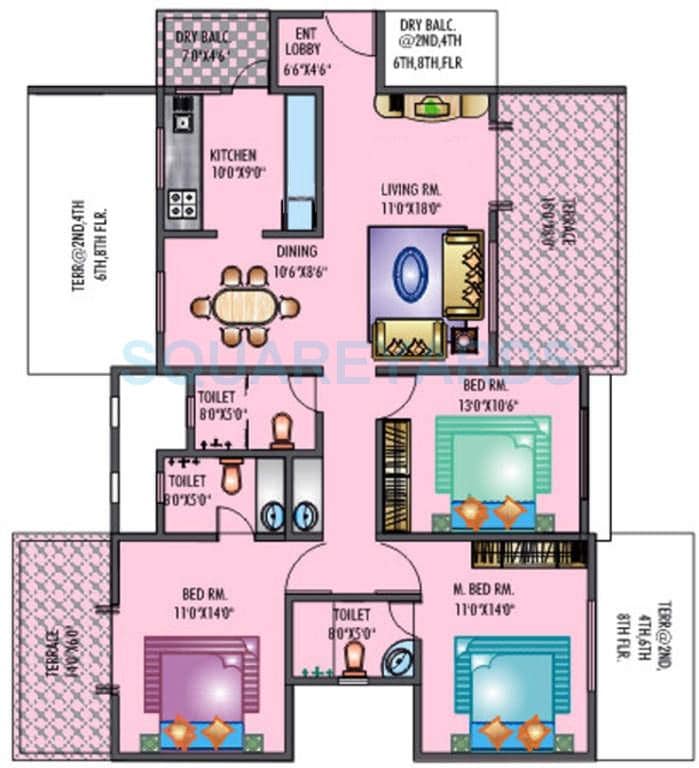 Floor plan of 3 BHK 1520 Sq. Ft. Apartment in Raviraj Siciliaa, Pune