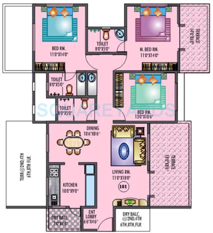 Floor plan of 3 BHK 1558 Sq. Ft. Apartment in Raviraj Siciliaa, Pune