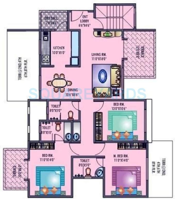 Floor plan of 3 BHK 2018 Sq. Ft. Apartment in Raviraj Siciliaa, Pune