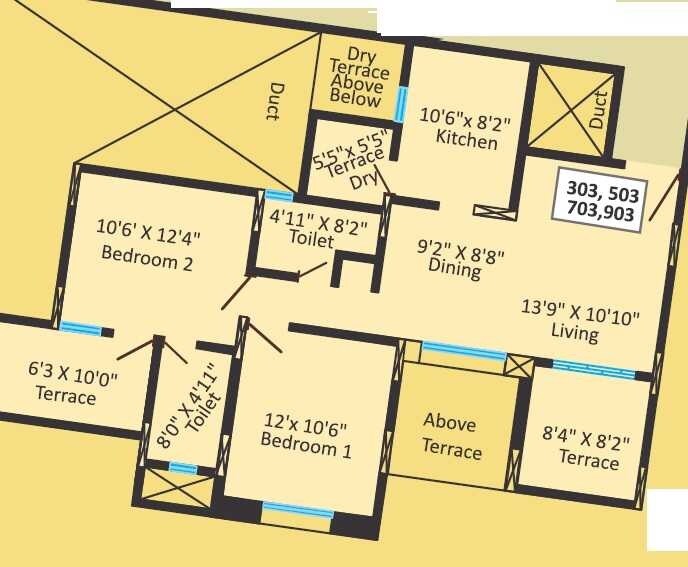 Floor plan of 2 BHK 672 Sq. Ft. Apartment in Rawat Madhuli, Pune