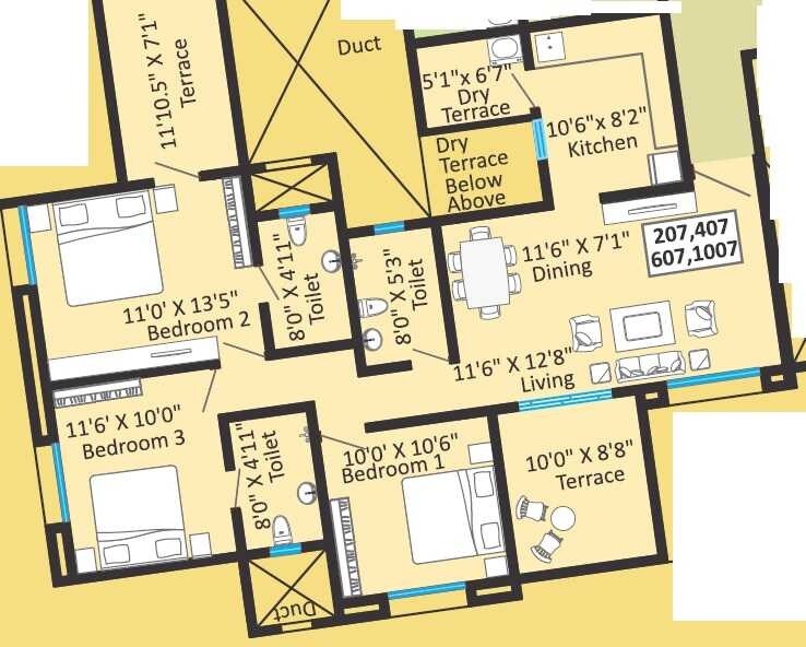 Floor plan of 2 BHK 708 Sq. Ft. Apartment in Rawat Madhuli, Pune