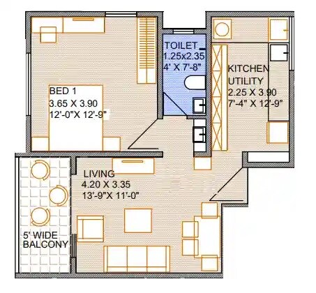 Floor plan of 1 BHK 590 Sq. Ft. Apartment in RB Chaphalkar Rukmini Niwas, Pune