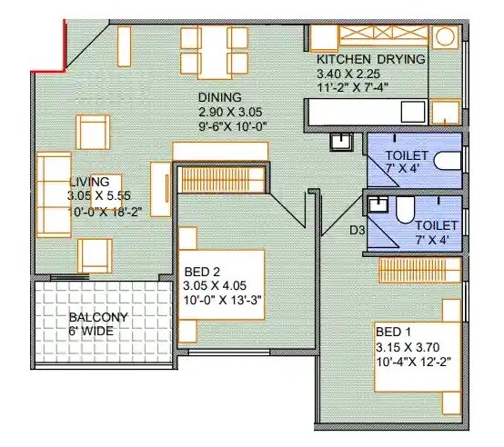 Floor plan of 2 BHK 780 Sq. Ft. Apartment in RB Chaphalkar Rukmini Niwas, Pune