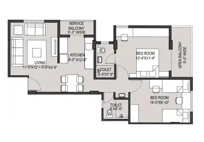 Floor plan of 2 BHK 803 Sq. Ft. Apartment in RB Chaphalkar Shreepad, Pune