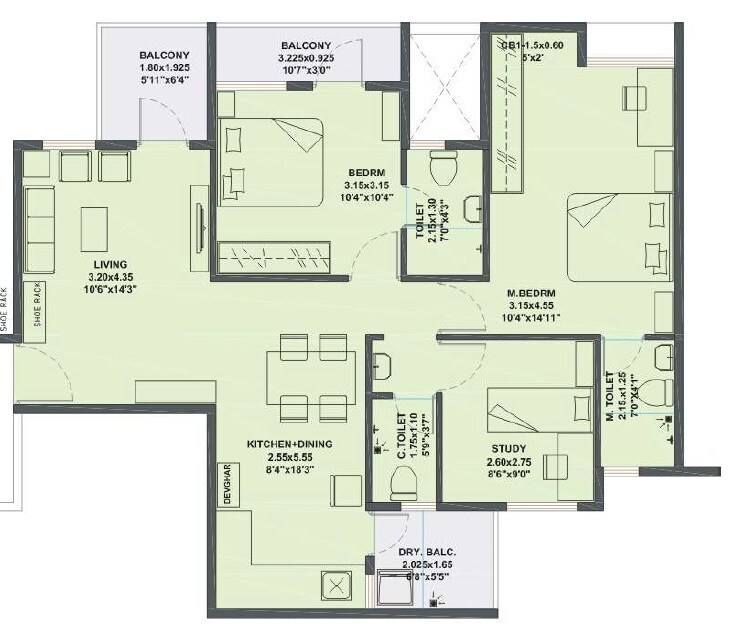 Floor plan of 2 BHK 1032 Sq. Ft. Apartment in RB Silver Tarika, Pune
