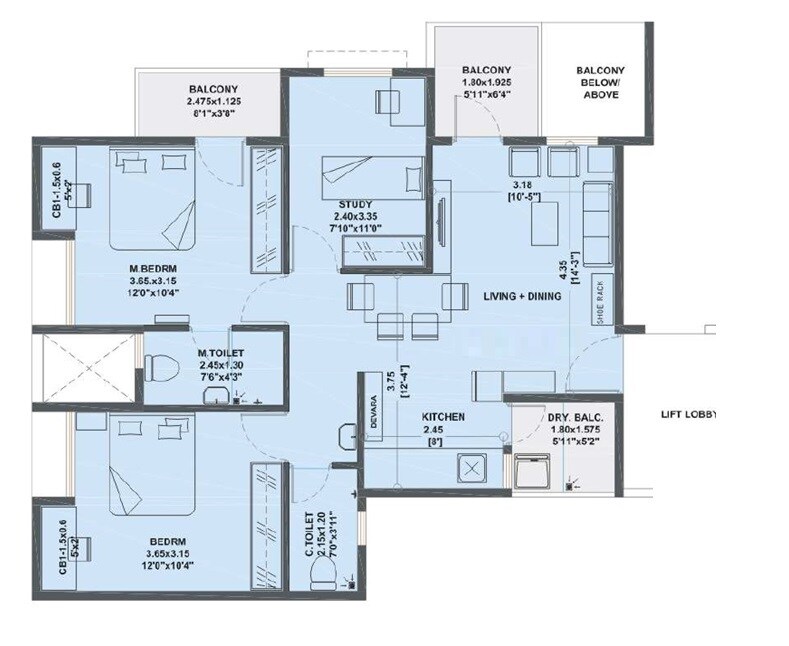 Floor plan of 2 BHK 701 Sq. Ft. Apartment in RB Silver Tarika, Pune