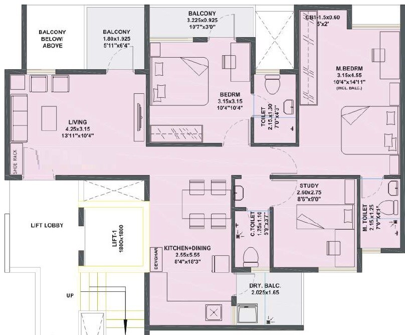 Floor plan of 2 BHK 806 Sq. Ft. Apartment in RB Silver Tarika, Pune