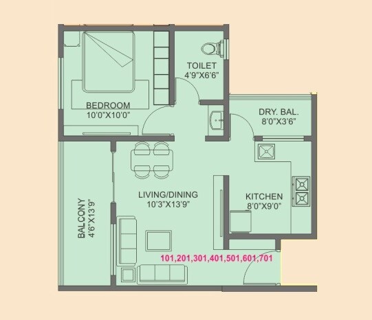 Floor plan of 1 BHK 388 Sq. Ft. Apartment in RB Vanity View, Pune