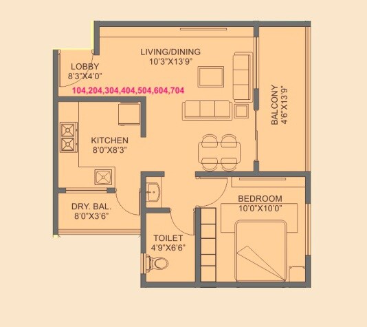 Floor plan of 1 BHK 420 Sq. Ft. Apartment in RB Vanity View, Pune
