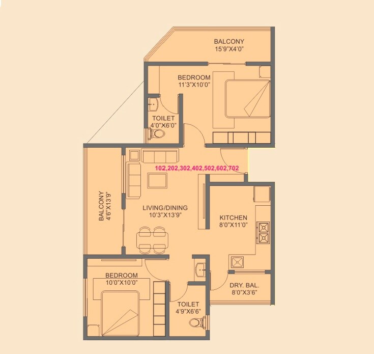 Floor plan of 2 BHK 574 Sq. Ft. Apartment in RB Vanity View, Pune