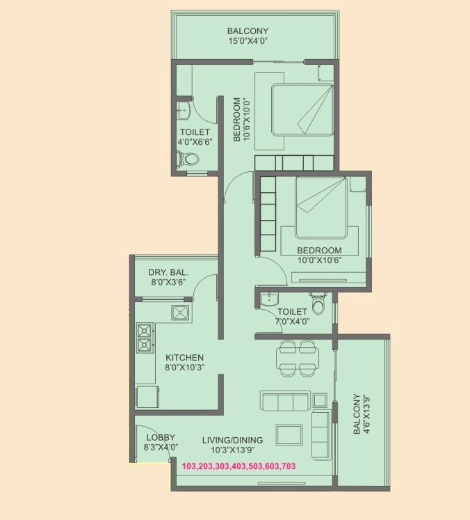 Floor plan of 2 BHK 632 Sq. Ft. Apartment in RB Vanity View, Pune