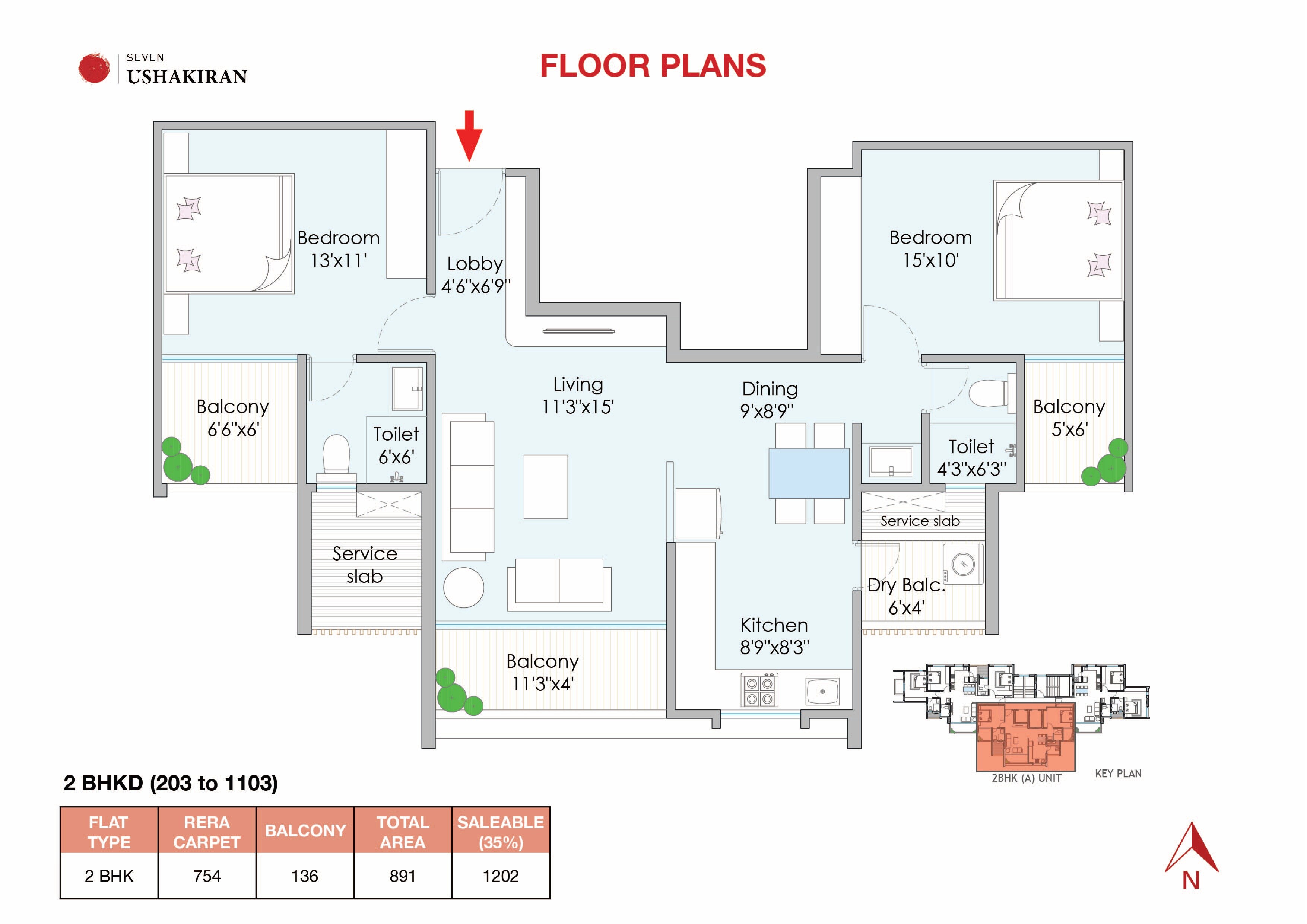 Floor plan of 2 BHK 891 Sq. Ft. Apartment in Realty7 Ushakiran, Pune