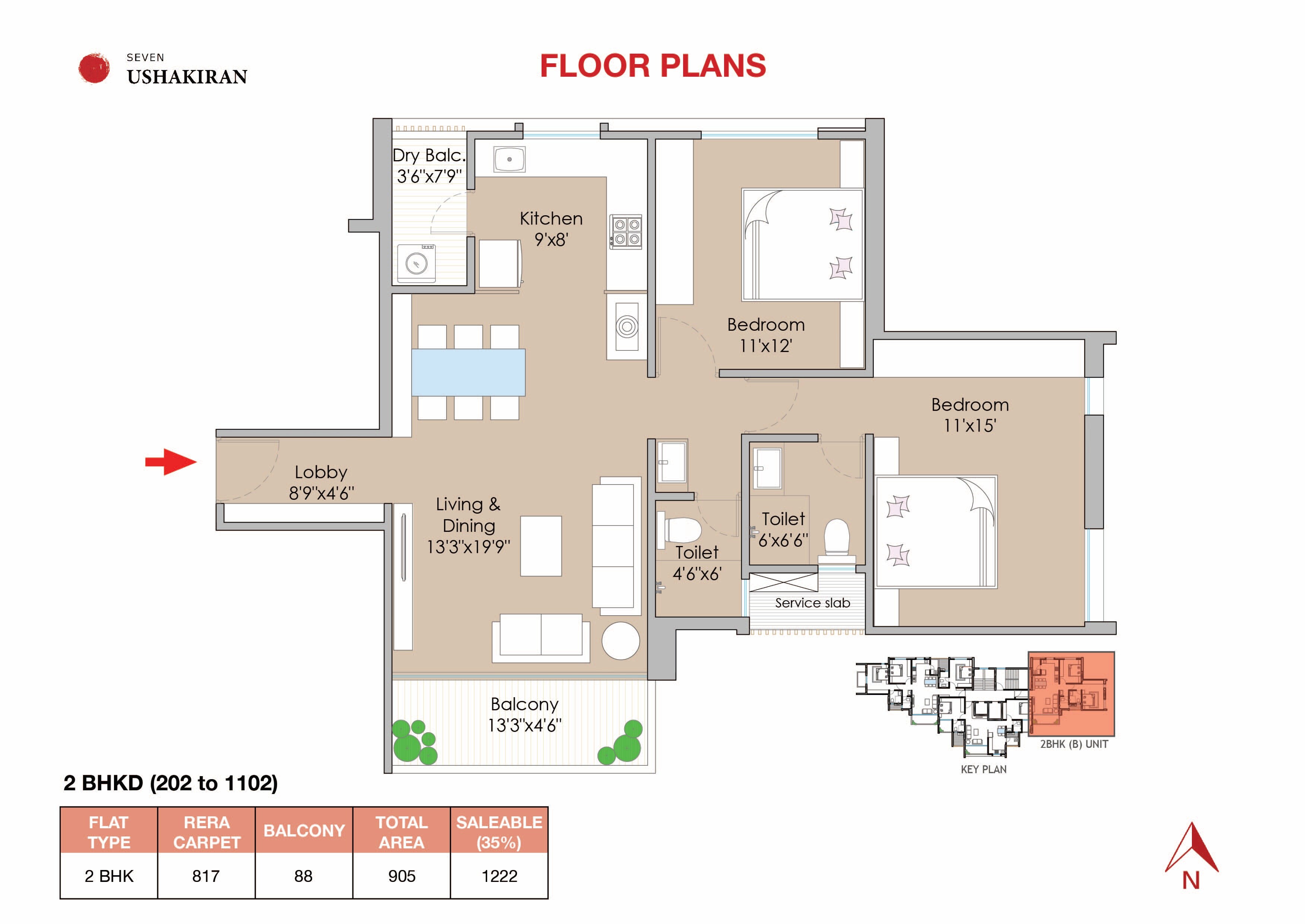 Floor plan of 2 BHK 905 Sq. Ft. Apartment in Realty7 Ushakiran, Pune