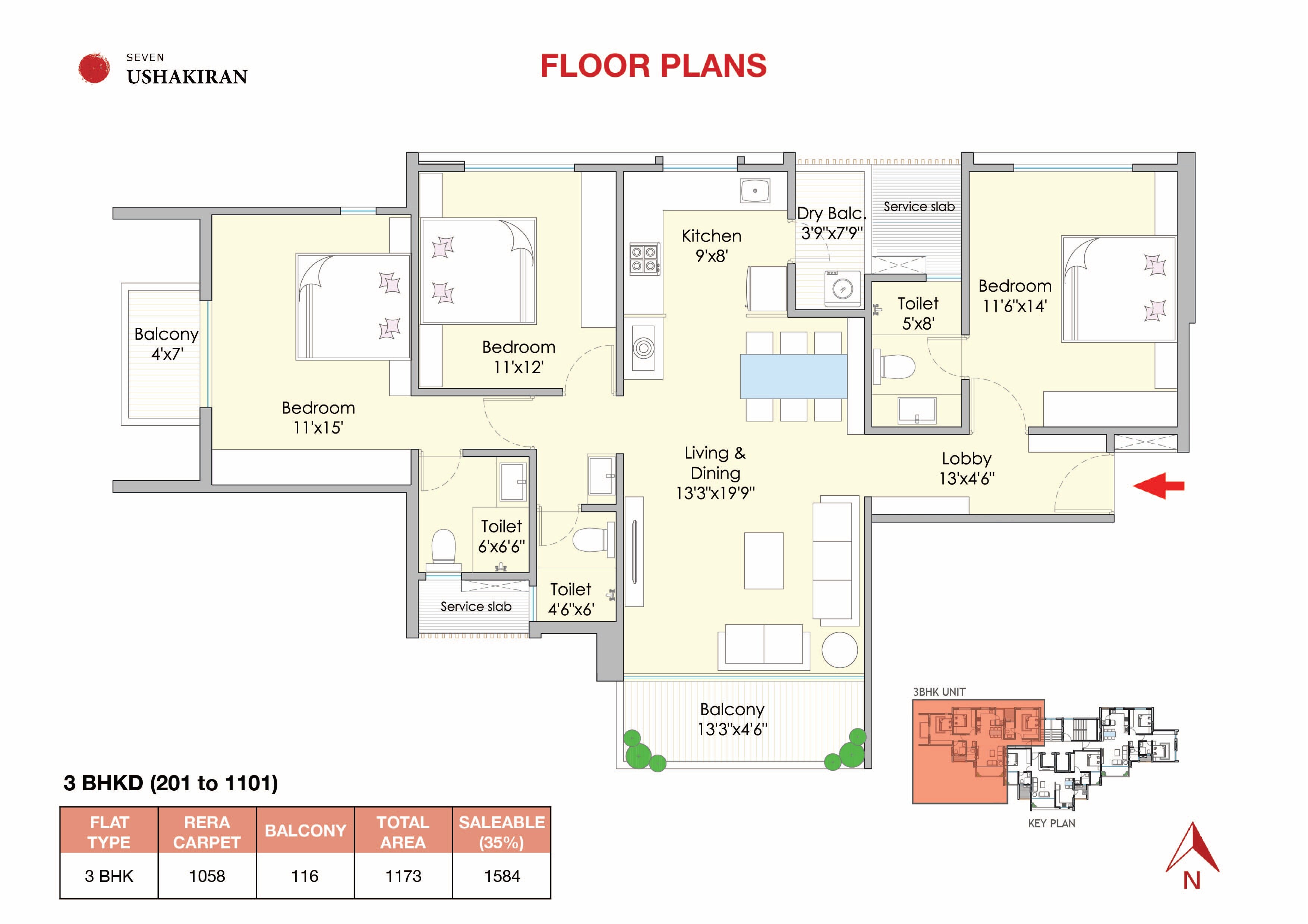 Floor plan of 3 BHK 1173 Sq. Ft. Apartment in Realty7 Ushakiran, Pune