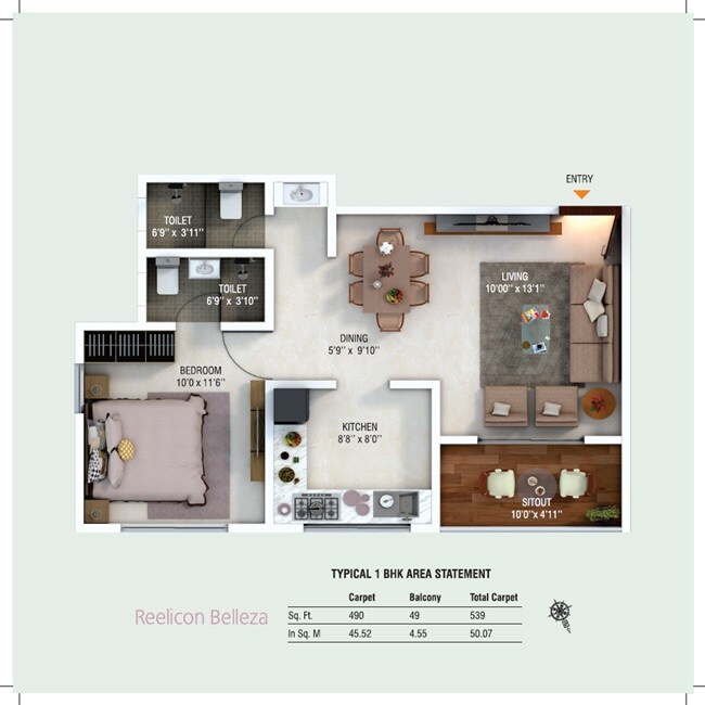 Floor plan of 1 BHK 539 Sq. Ft. Apartment in Reelicon Belleza, Pune