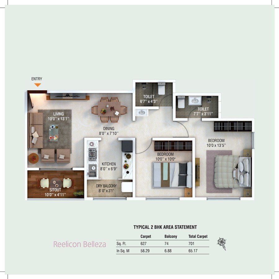 Floor plan of 2 BHK 701 Sq. Ft. Apartment in Reelicon Belleza, Pune