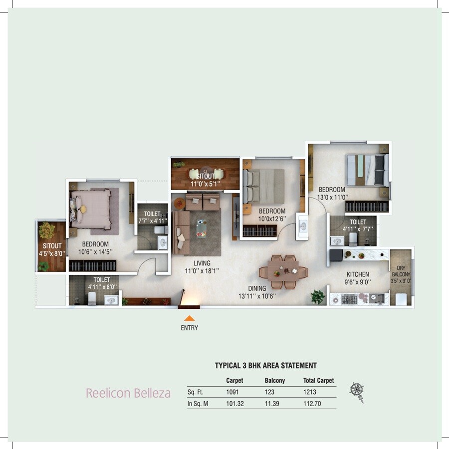 Floor plan of 3 BHK 1213 Sq. Ft. Apartment in Reelicon Belleza, Pune