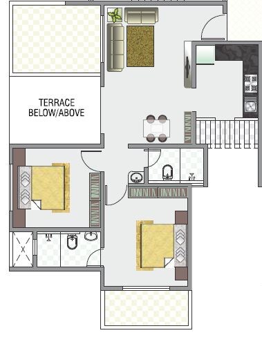 Floor plan of 2 BHK 813 Sq. Ft. Apartment in Reelicon Fairy Bell, Pune