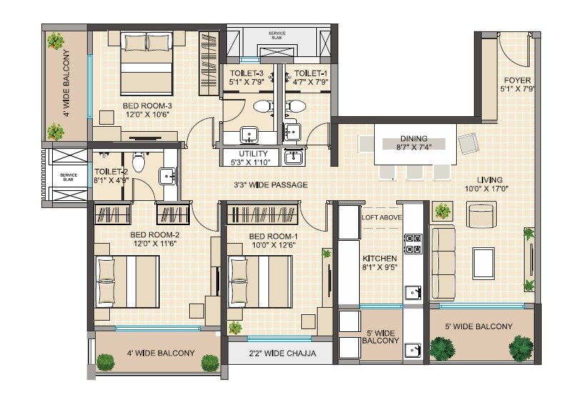 Floor plan of 3 BHK 1260 Sq. Ft. Apartment in Regency Astra, Pune