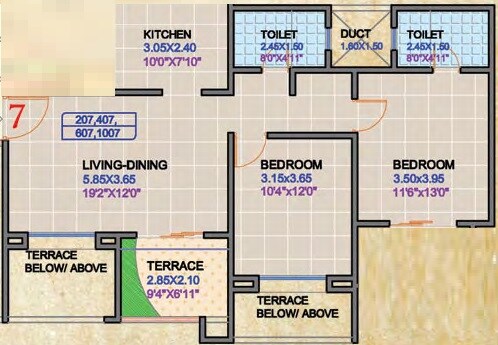 Floor plan of 2 BHK 1140 Sq. Ft. Apartment in Regency Classic, Pune