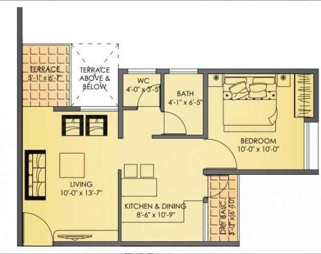 Floor plan of 1 BHK 610 Sq. Ft. Apartment in Regent Urbano, Pune