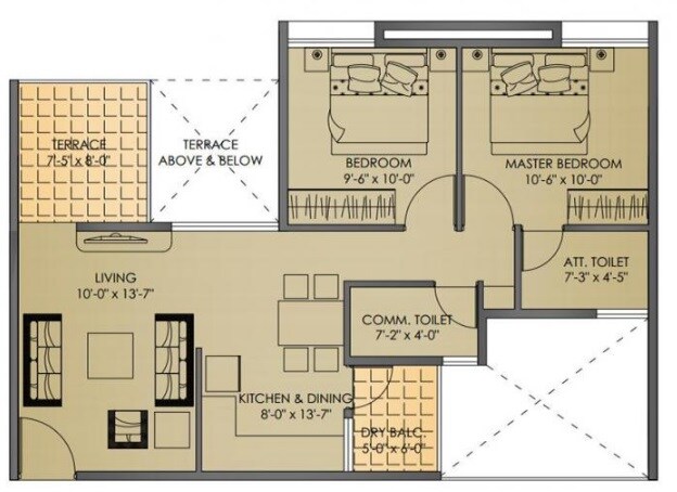 Floor plan of 2 BHK 875 Sq. Ft. Apartment in Regent Urbano, Pune