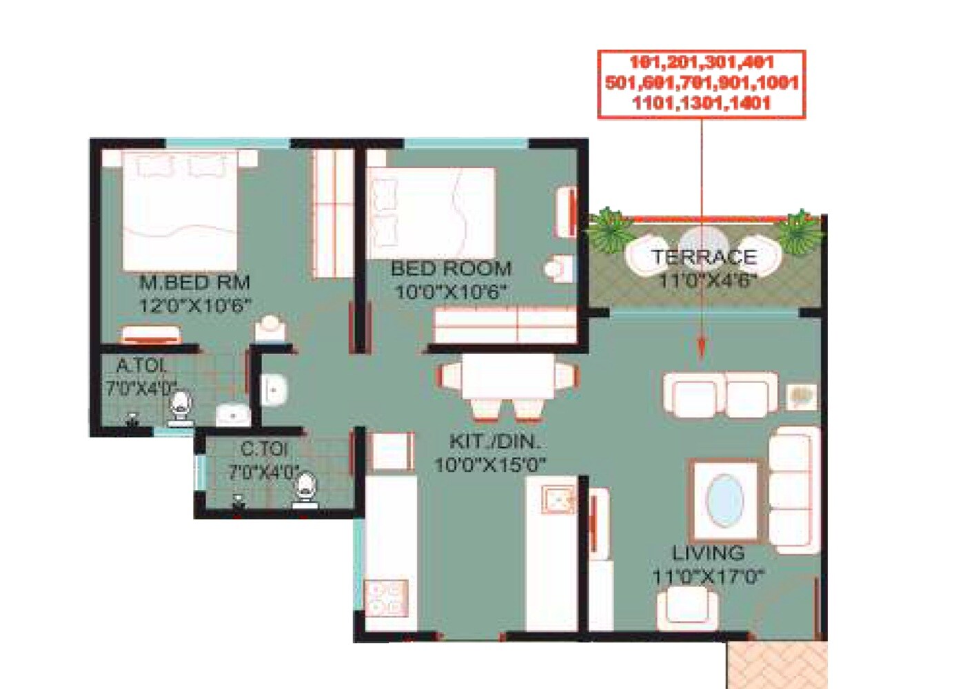 Floor plan of 2 BHK 750 Sq. Ft. Apartment in Renuka Brzee, Pune