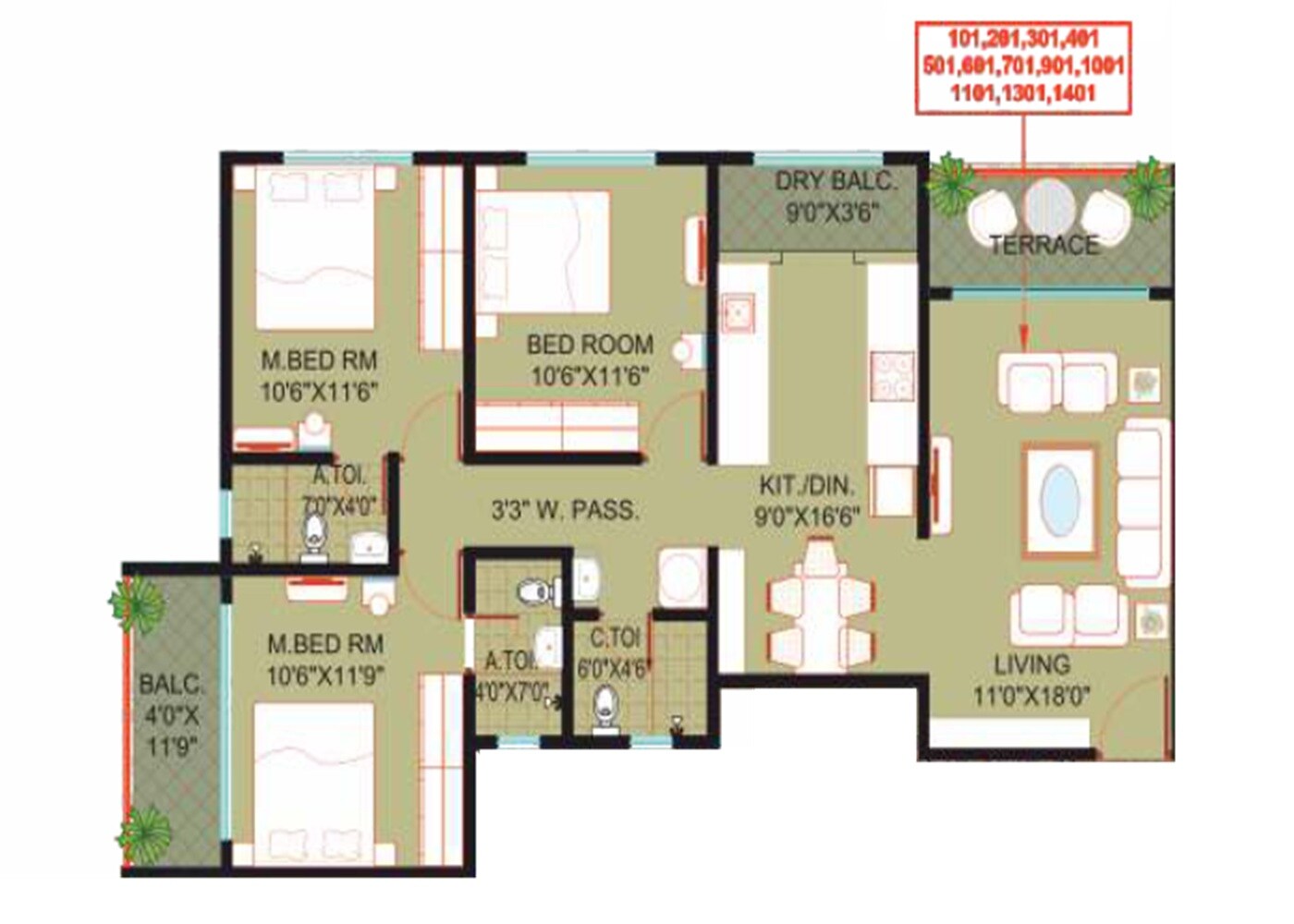 Floor plan of 3 BHK 1032 Sq. Ft. Apartment in Renuka Brzee, Pune