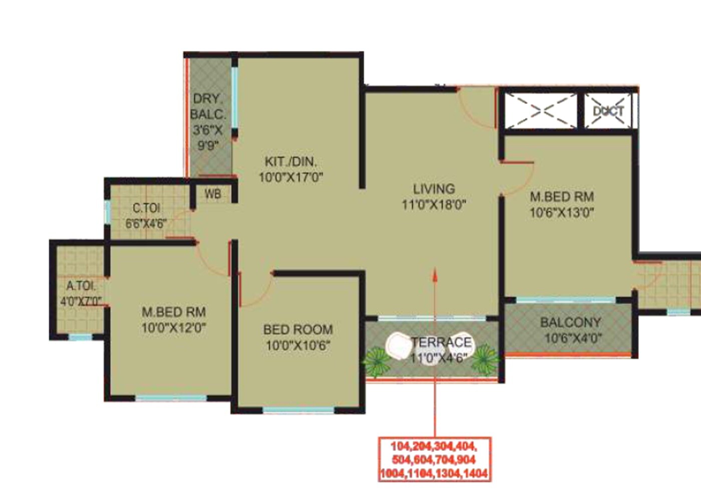 Floor plan of 3 BHK 995 Sq. Ft. Apartment in Renuka Brzee, Pune