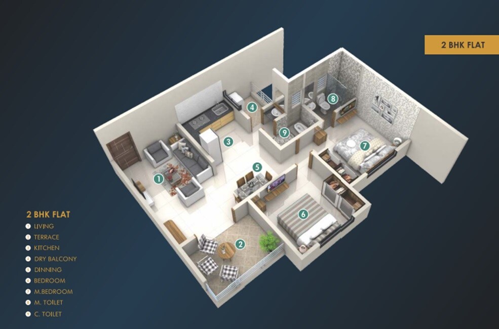 Floor plan of 2 BHK Apartment - 712 sq. ft. in Renuka Gloria, Pune