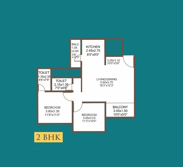 Floor plan of 2 BHK 780 Sq. Ft. Apartment in Renuka Panchtattva, Pune