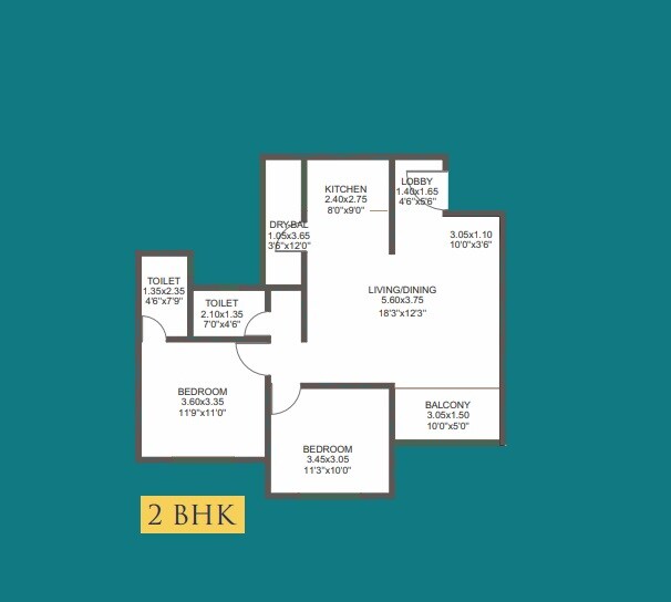 Floor plan of 2 BHK 810 Sq. Ft. Apartment in Renuka Panchtattva, Pune