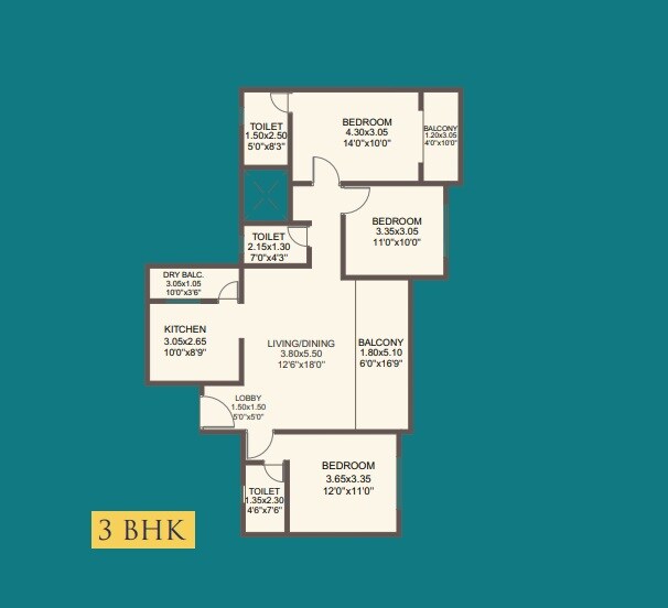 Floor plan of 3 BHK 1075 Sq. Ft. Apartment in Renuka Panchtattva, Pune