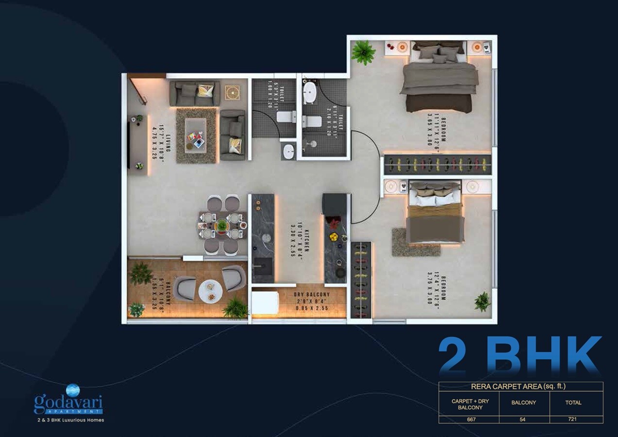 Floor plan of 2 BHK 721 Sq. Ft. Apartment in Revive Godavari Apartments, Pune