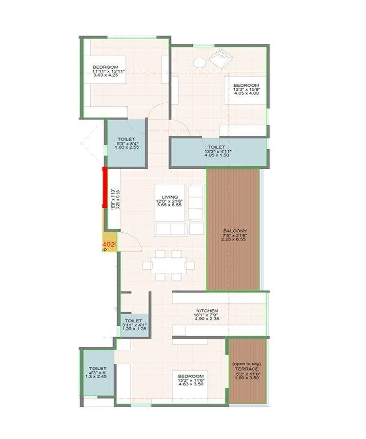 Floor plan of 3 BHK 1411 Sq. Ft. Apartment in Revive Godavari Apartments, Pune